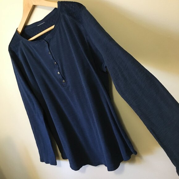 100% Cotton Bleu Gray Lace Shoulder 1/4 Button Down Dark Blue Top - XL - Picture 5 of 16